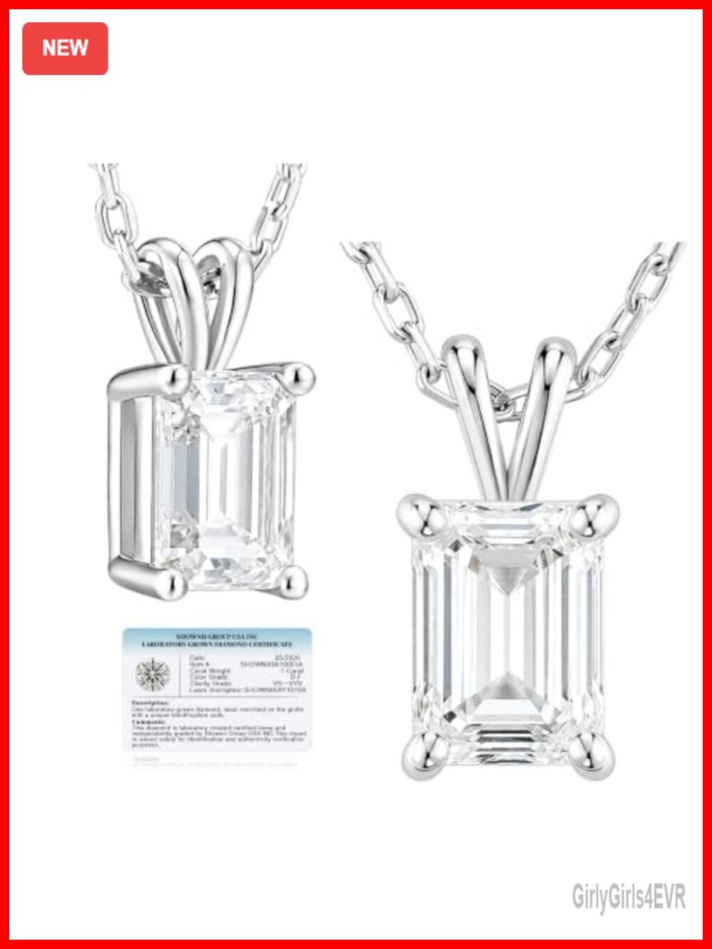 1CT Emerald Cut Lab Grown Diamond Pendant Necklace 14k Gold Plated S925 Silver